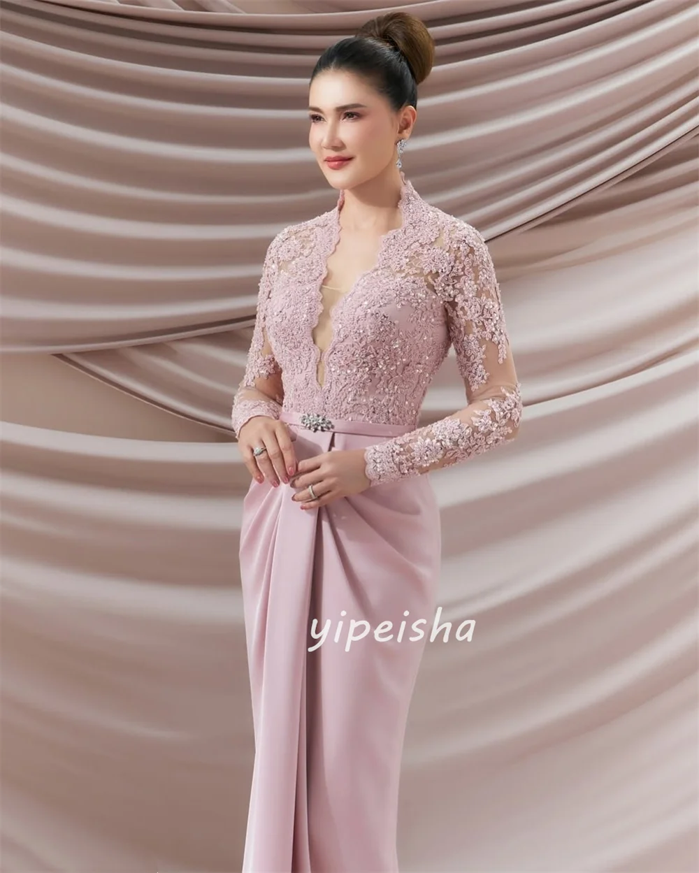 Customized Intricate Formal Jersey Rhinestone Applique Sash Mermaid V-neck Long Dresses Bespoke Occasion Dresses Sizes Available