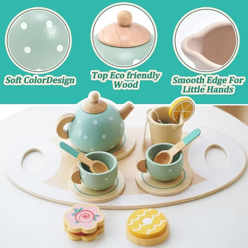 Wooden Afternoon Tea Set Toy Kitchen Accessories Tea Party Food Role Play Early Educational Toys for Toddlers Girls Boy Kid Gift