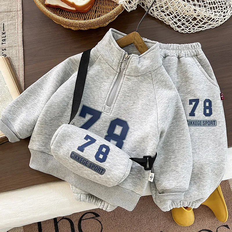 Boys Clothes Sets Winter Children Cotton Thick Sweatshirts Tops Pants 2pcs Sports Suit For Baby Warm Velvet Tracksuits Kids 4 5Y #4