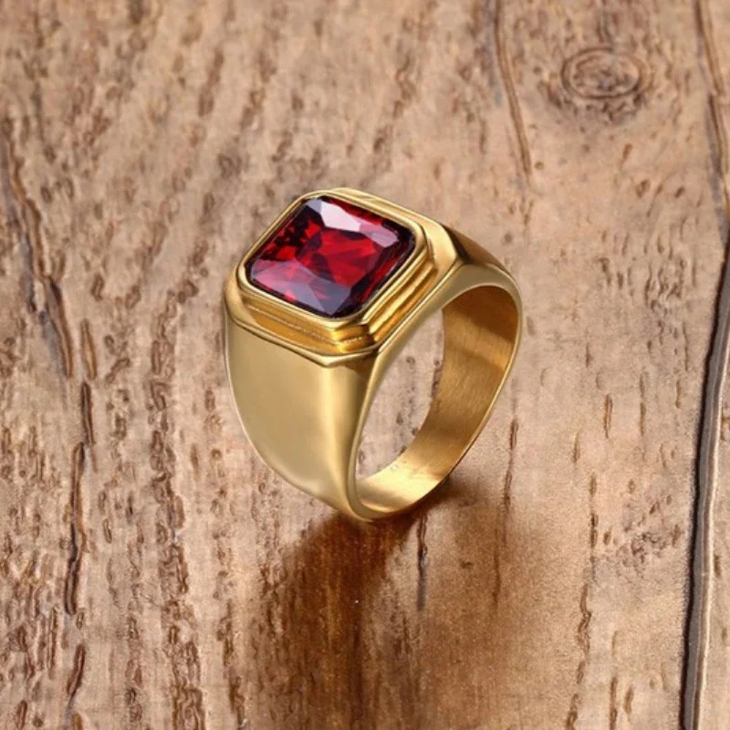Black/Gold Plated Stainless Steel Men\'s Ring Square Red Zircon Stone Classic Signet Rings