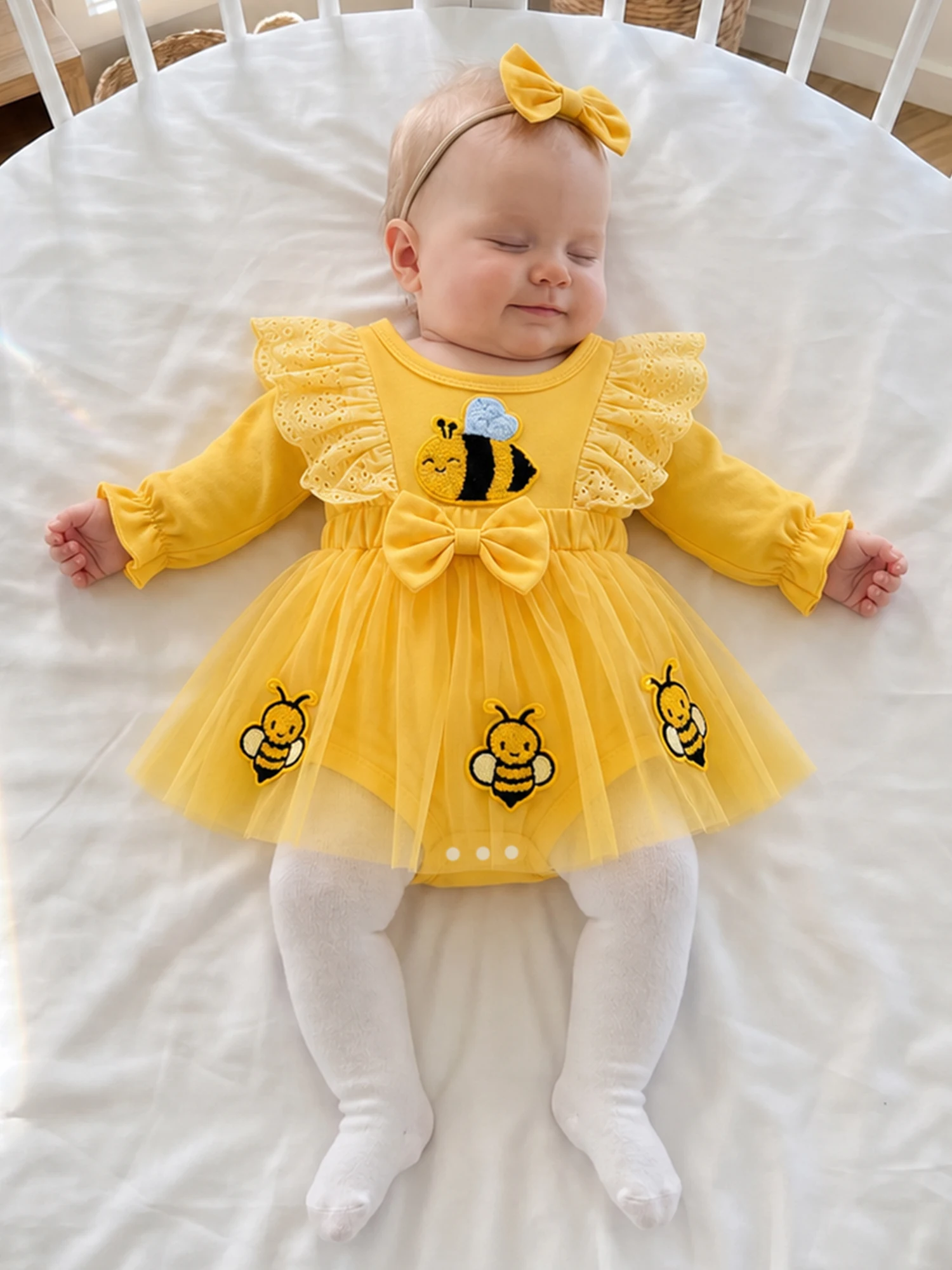 Tulle Romper Baby Bee Headband Long Sleeve With Headband Patchwork Romper Dress Lightweight Baby Girl Outfit