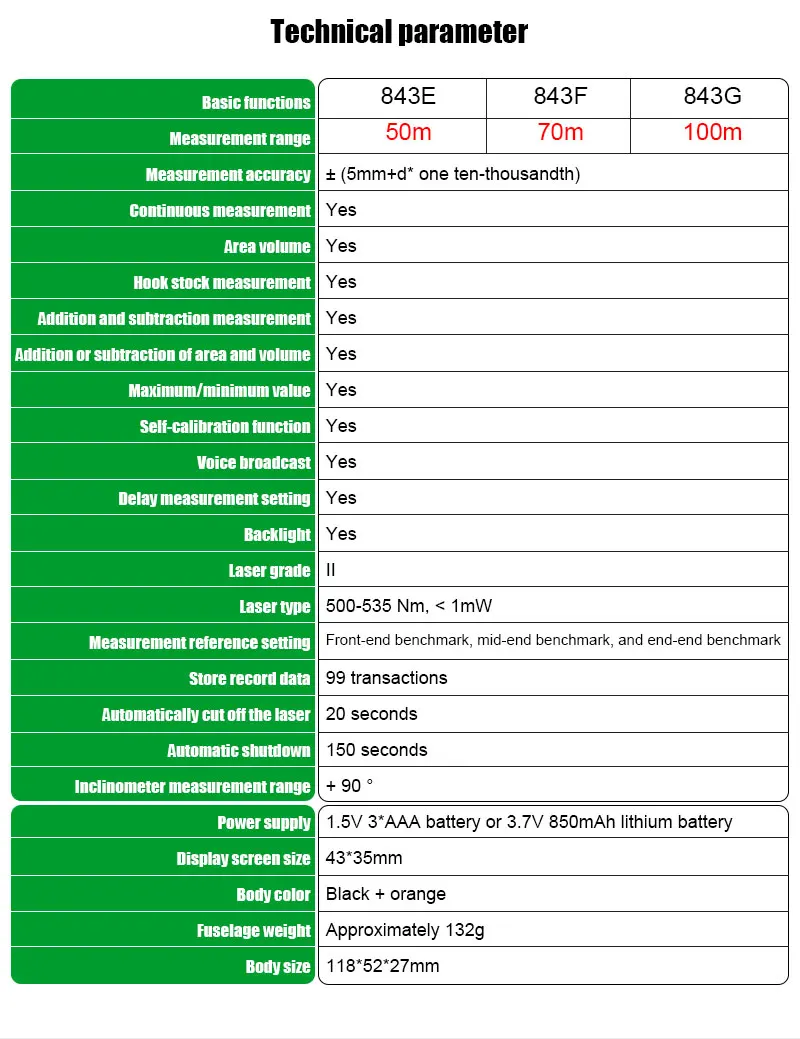 843EFG 50M 70M 100M Green   Light   Distance Meter and Inclinometer 2 in 1