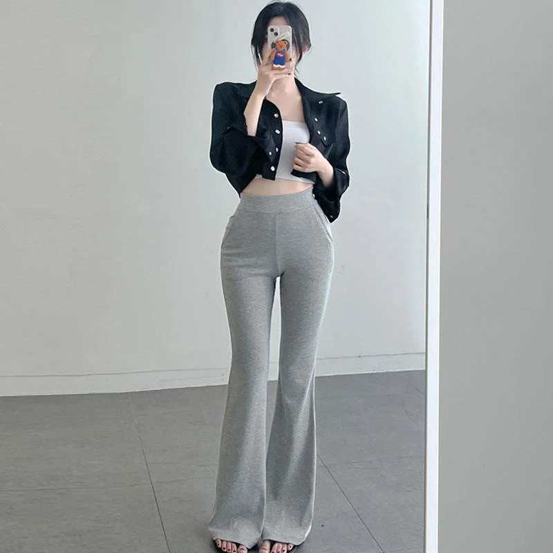 High Waist Flared Casual Pants Long Legs Visual Effect Good Match High Quality Korean Style Commute Wind Pocket Design