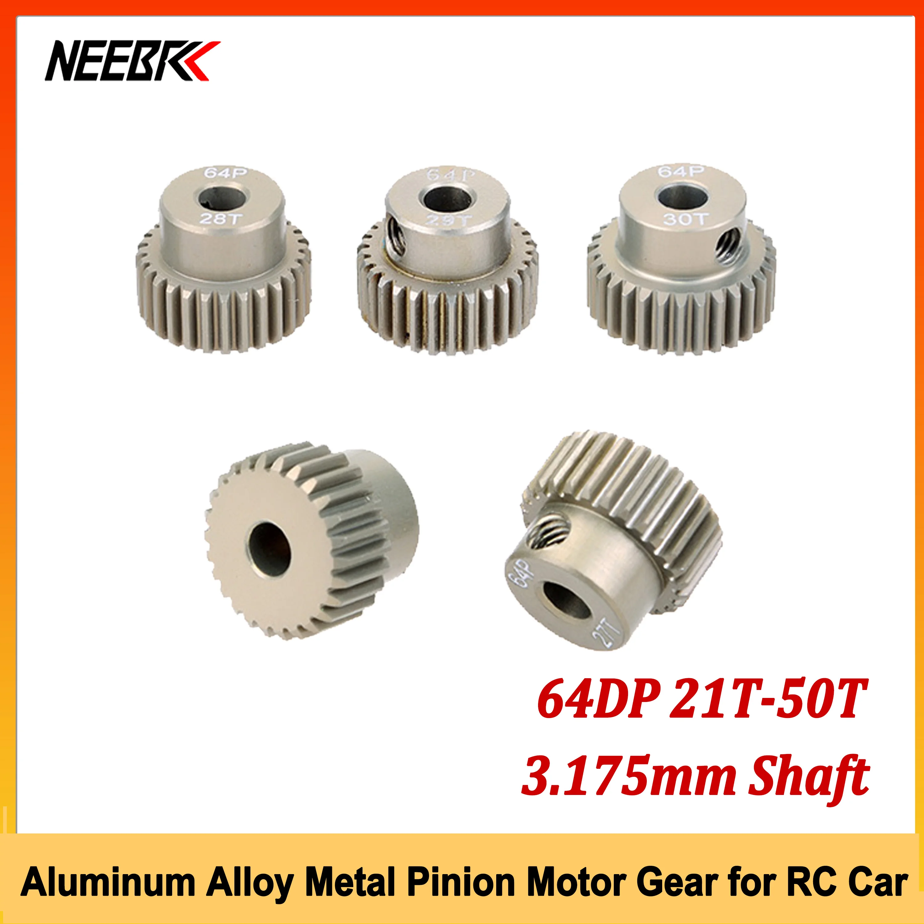 64DP 21T-25T 26T-30T 31T-35T 36T-40T 41T-45T 46T-50T 3.175mm Shaft Aluminum Alloy Metal Pinion Motor Gear for 1/10 RC Car Parts