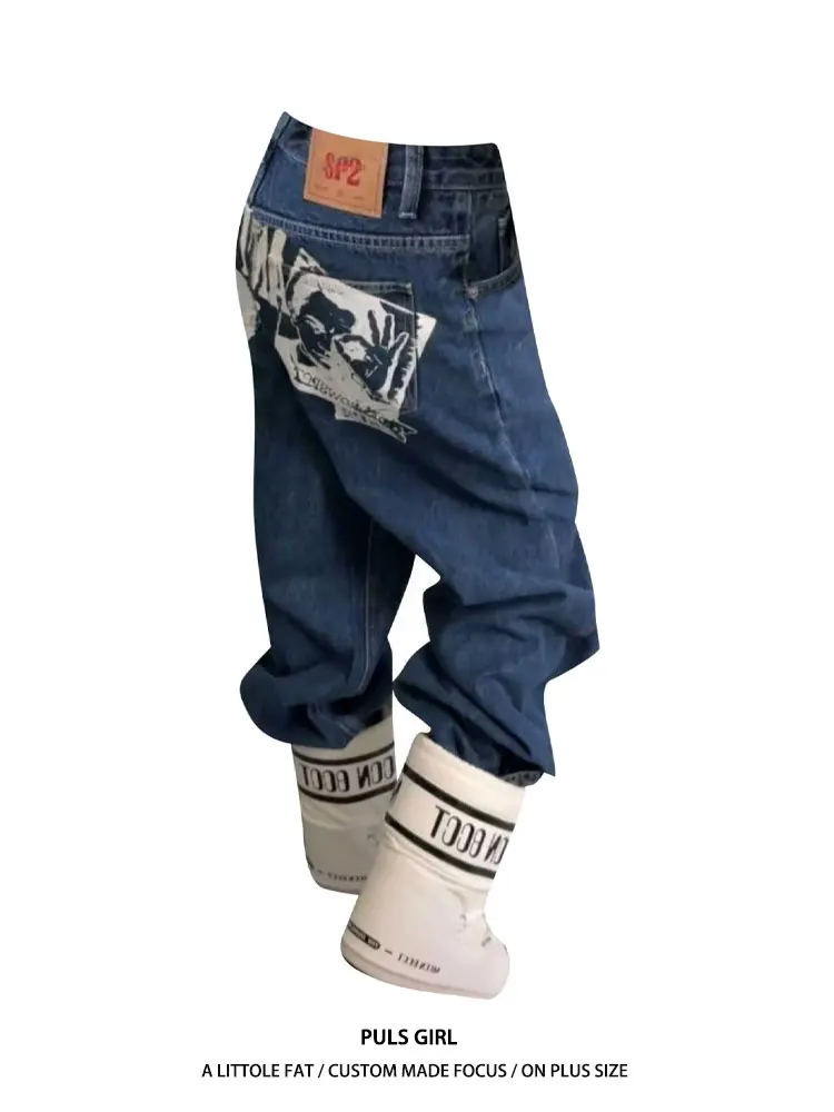 

Retro Washed American Style Wide Leg Jeans Women's Casual Loose Fit High Waist Denim Pants Letter Print Design plus Size