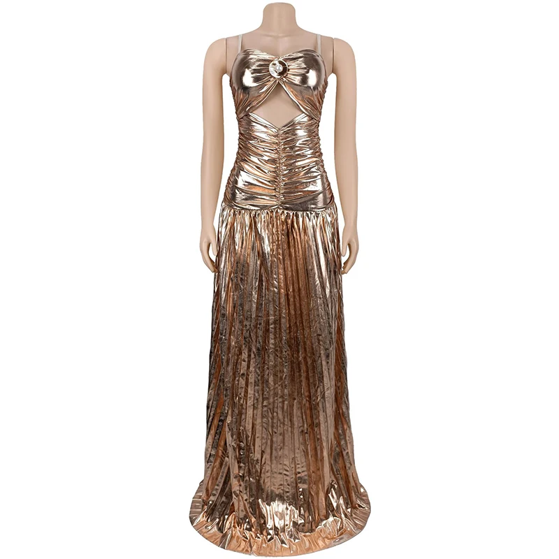 BKLD Sexy elegante colore metallizzato cinturino ritaglio senza maniche backless pieghettato abito lungo moda donna banchetto di lusso abiti da festa