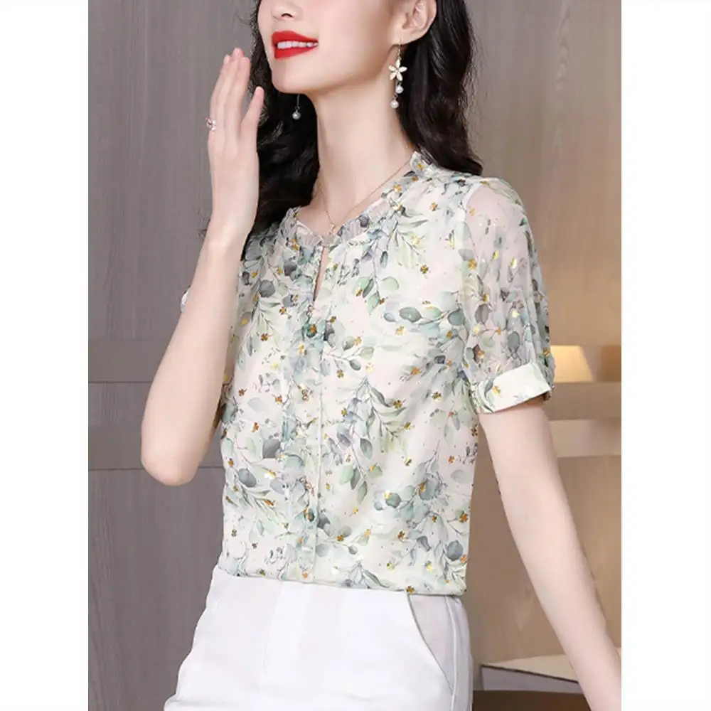 Vintage Chiffon Summer Short Sleeve Floral Shirt Women 2024 New Temperament All-match Thin Style Short Sleeve Comfortable Tops