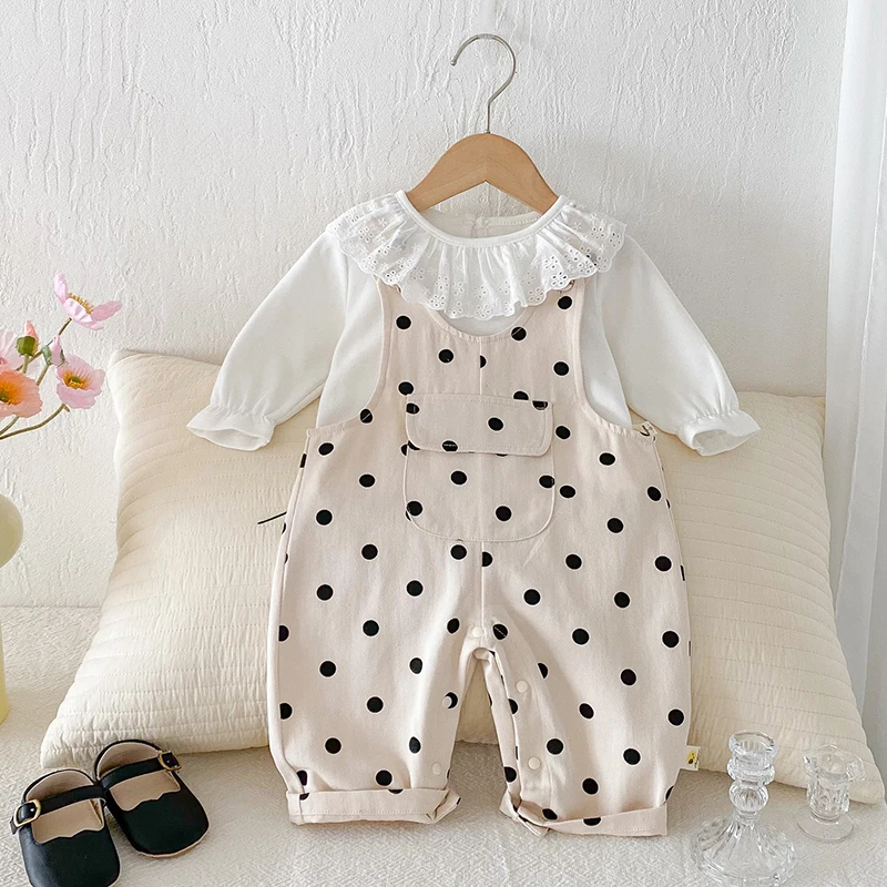 

2025 New Autumn 0-4Yrs Newborn Baby Girls Clothing Set Long Sleeved Cotton T-shirt Dot Printed Overalls Children Clothes Suit