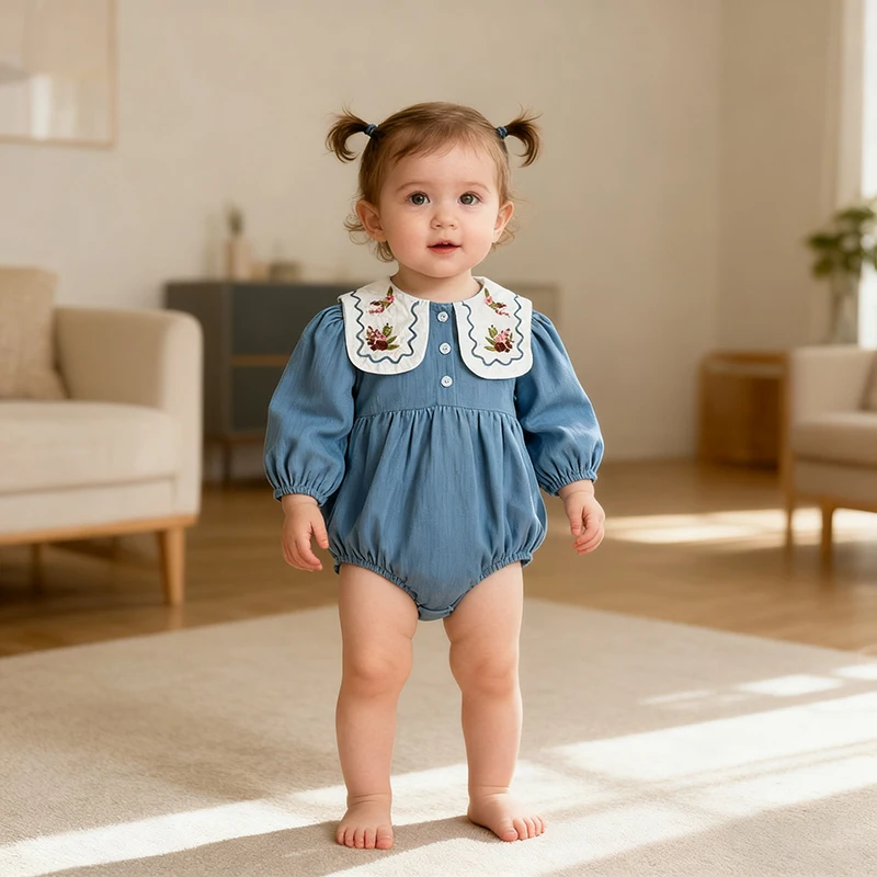 ربيع جديد 2026 ملابس الأطفال حديثي الولادة بدلة بناتي 0-24 متر بأكمام طويلة وطية صدر السترة مطرزة رومبير قطن بدلة بناتي #2