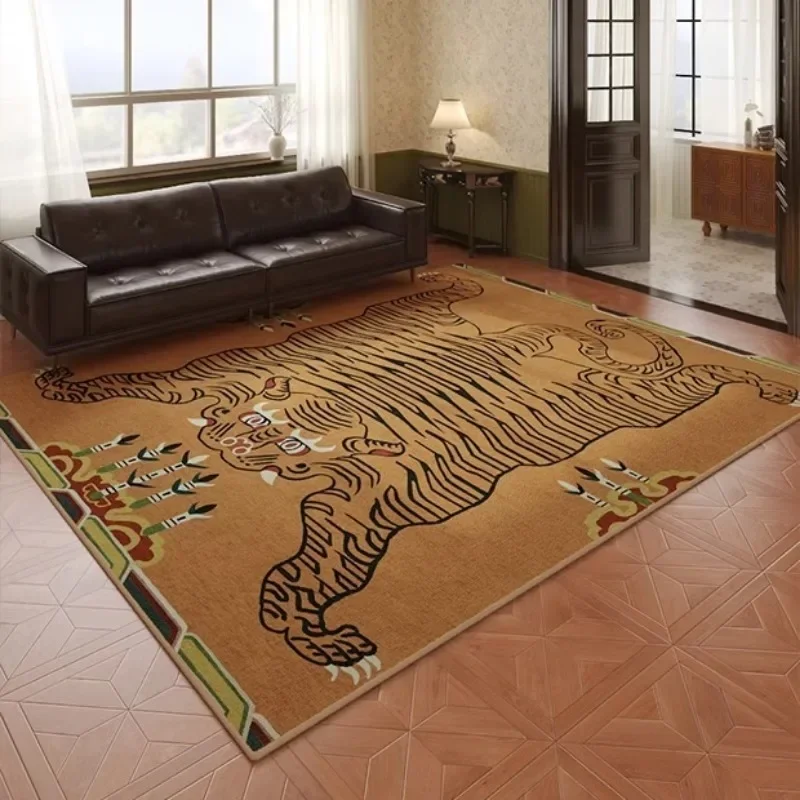 Light Luxury Retro Tiger Carpet for Living Room Brown High-grade Sofa Coffee Table Floor Mat Bedroom Non-slip TPR Bottom Rug 러그