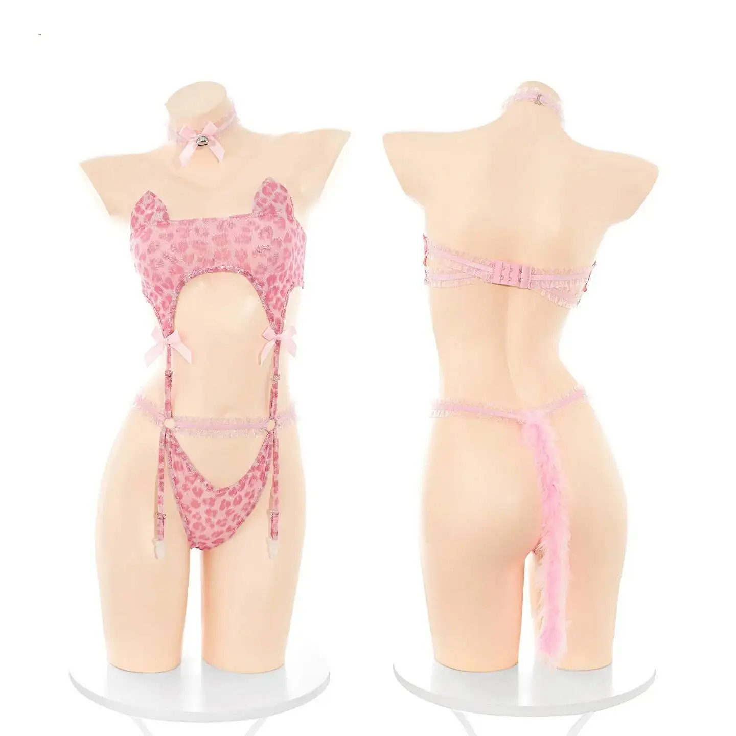 Sexy Lingerie Pink Leopard Print Uniform For Women Pure Desire Cat Girl Tube Top Bodysuit With Hollow Out Bodysuit Design 0TO0