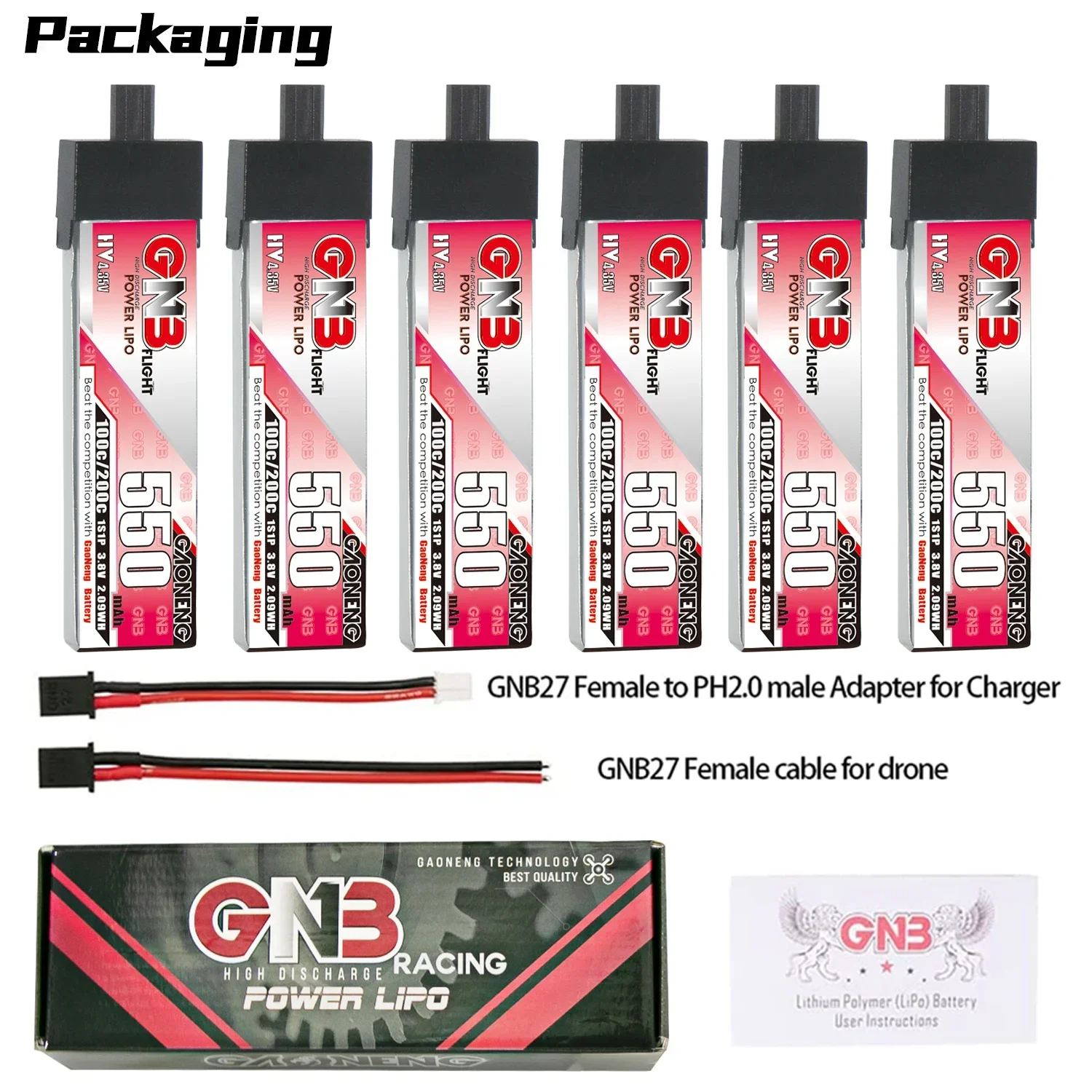 

6PCS GAONENG GNB 1S 550mAh 3.8V 100C HV Lipo Battery With High Current GNB27 Plug For RC FPV Drone Quadcopter DIY Connector Part