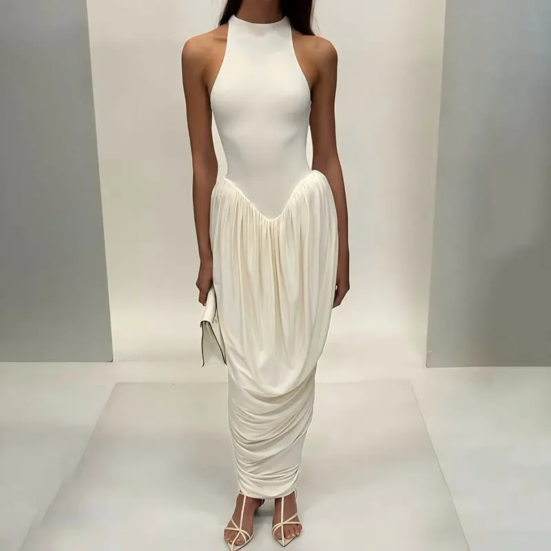 

2025 Pleated Elegant O Neck Maxi Dress For Women Off-shoulder Fashion Slim Fit Sleeveless Patchwork Sexy Club Party Dress