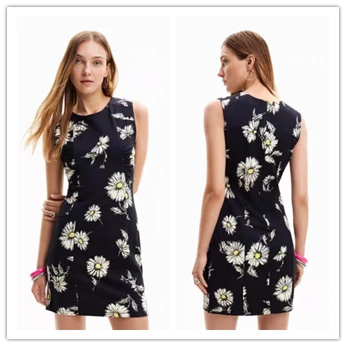 

Foreign trade original single Spanish pleated chrysanthemum sleeveless elastic dress