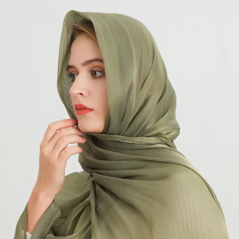 

Elegant Monochromatic Turban for Women Shiny Pleated Shawl Silk Hijab Breathable Scarf Muslim Fashion New 180*70cm