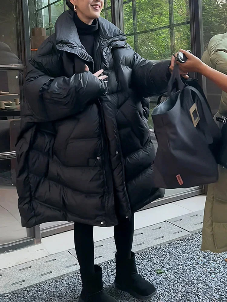 

High-end Black Cotton Padded Coat Women's Winter New Lapel Zipper Design Elegant Irregular Down Coats Female 25Z1150