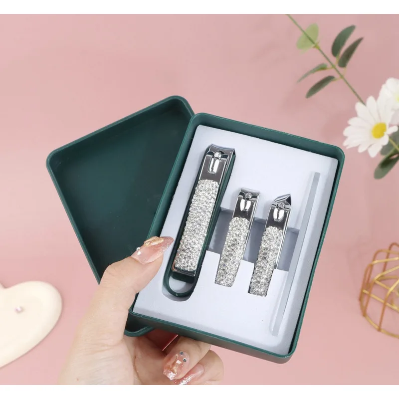 Diamond Studded Splash Proof Nail Clipper Set - Four Piece Precision Flat Mouth Pedicure Tools with Box for Home Use