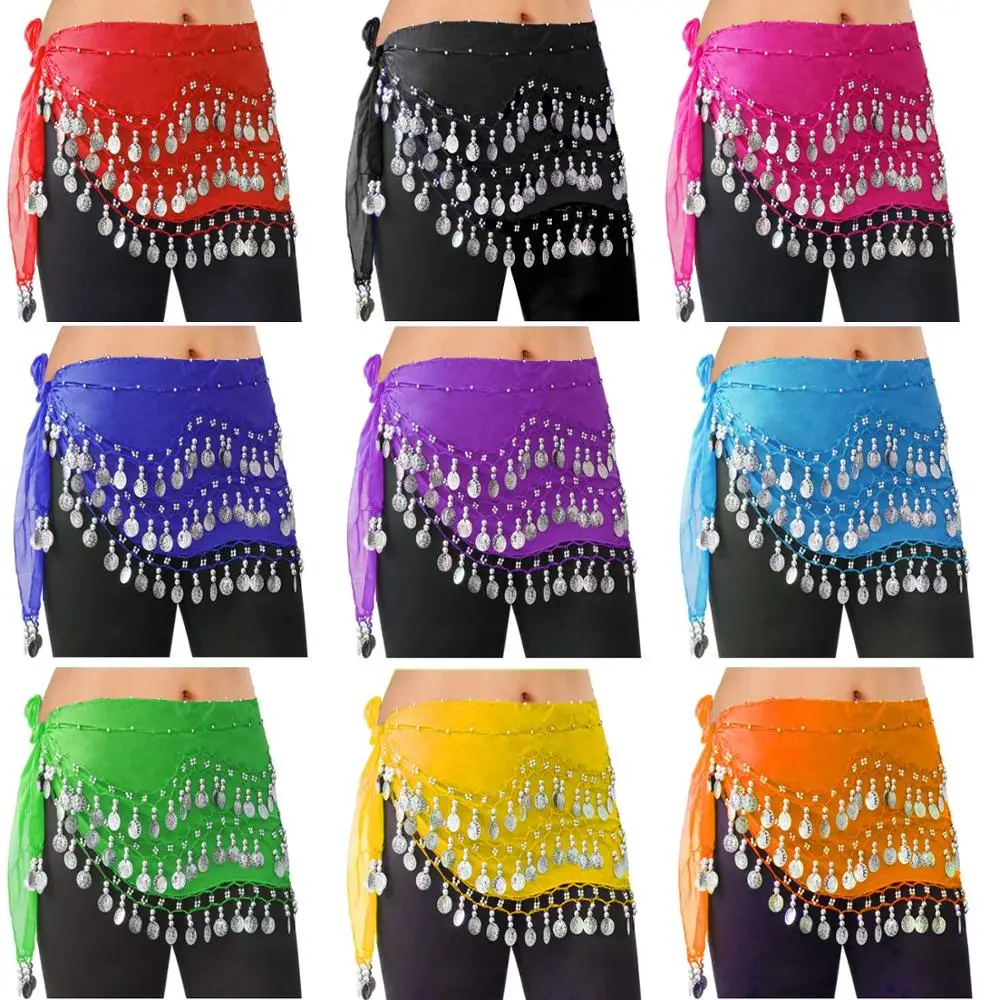 

Hip Scarfs for Belly Dancing with 128-Silver Coins Waist Costume Belt Chiffon Dance Sequins Hip Scarf Multi Colors Choose