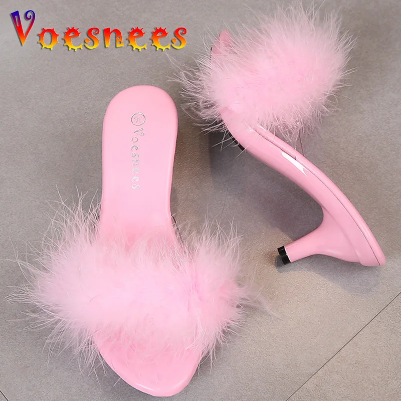 Summer Low Heel Bling Rhinestones Slippers Transparent Maomao Sandals Thin High Heels Sexy Party Comfortable Crystal Women Shoes