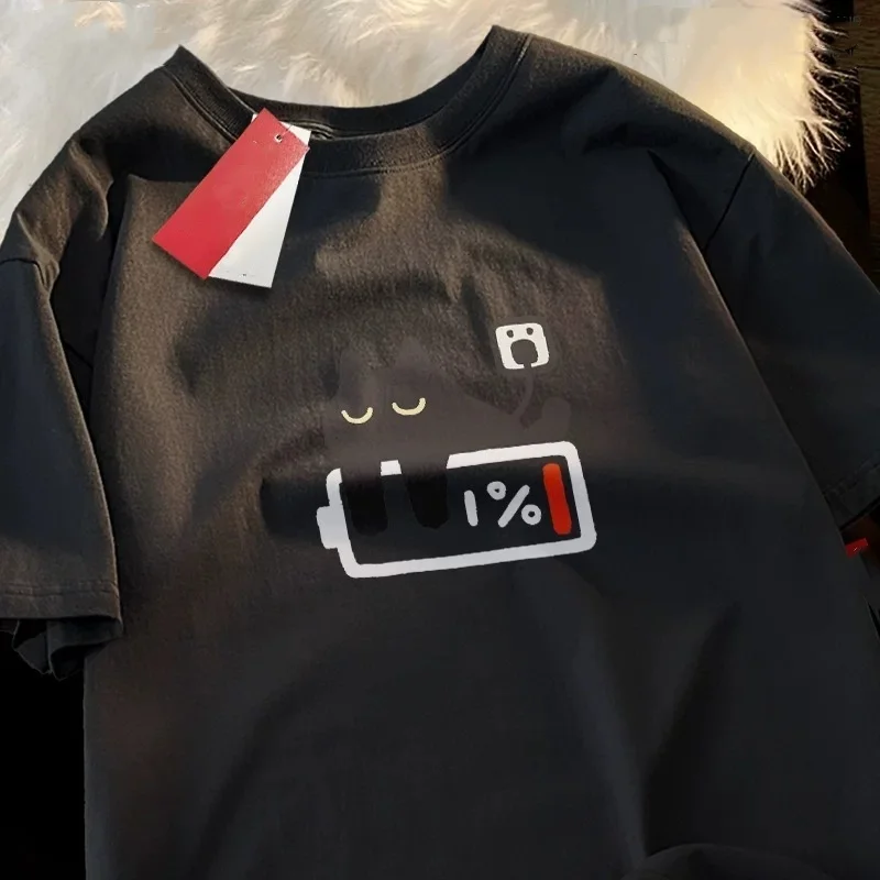 ZAZOMDE 2025 Man And Women T Shirts Funny Battery Cat Graphic Cotton TShirt Men's High Street Streetwear Loose Fit Tee Top 5xl