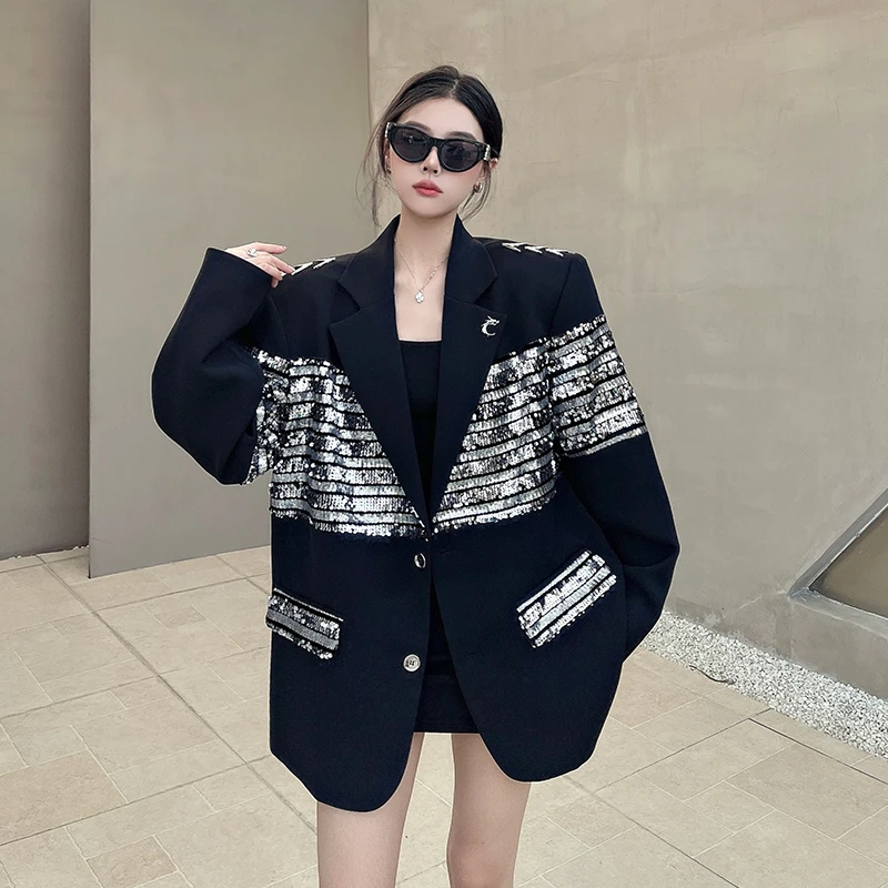 Heavy Industry Sequin Stitching Women's Suit Jacket Autumn and Winter High-end Loose Glitter Blazer Coat Fashion Lady Suit Top