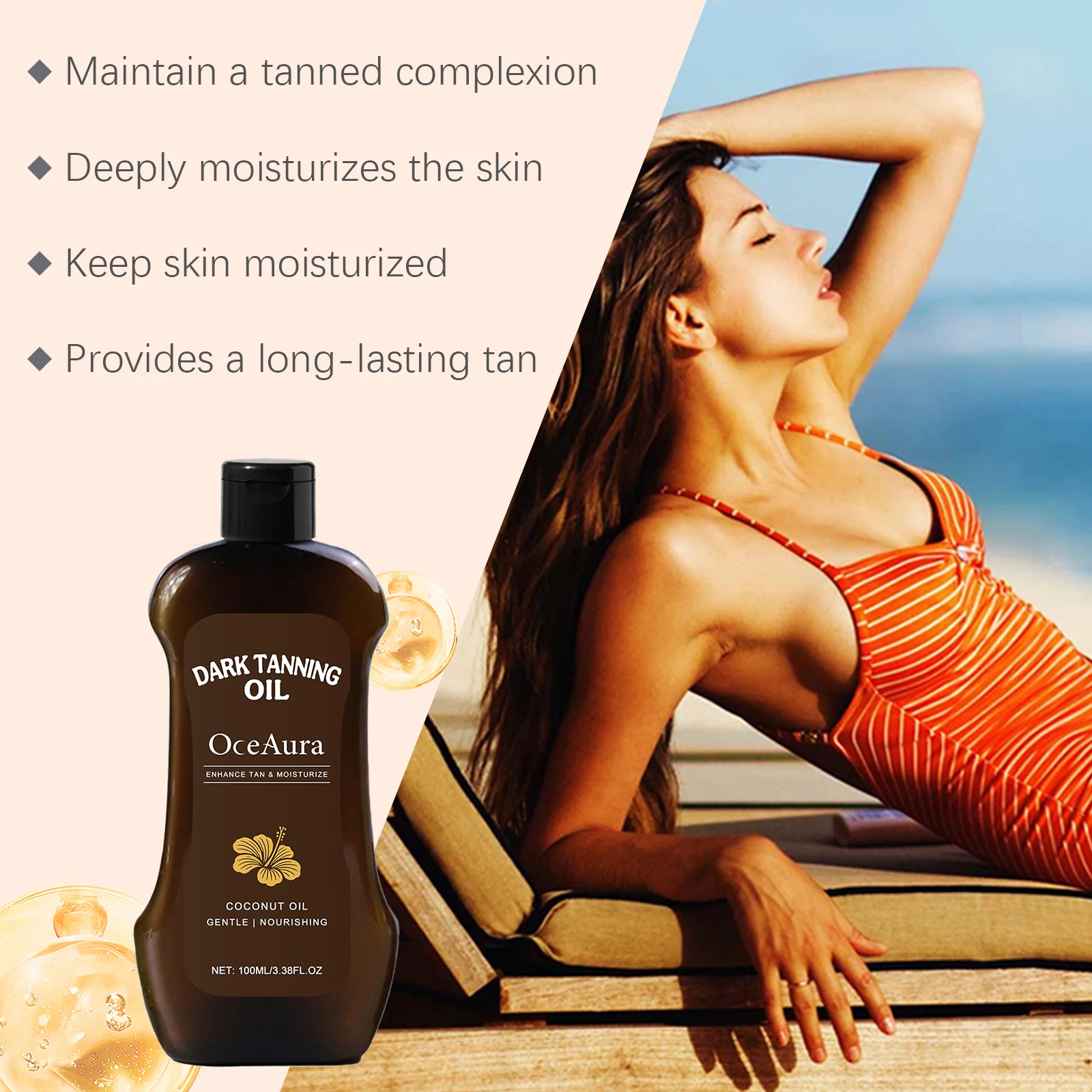 Aceite Bronceador de Coco para un Bronceado Profundo y Natural, de Larga Duración, Resistente al Agua, Hidratante y Suave, para Playa y Exteriores
