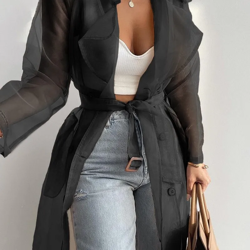 Cárdigan con mangas abullonadas, camisa de longitud media, chaqueta con cordones, chaqueta fina holgada de Color sólido para primavera y verano, ropa para mujer