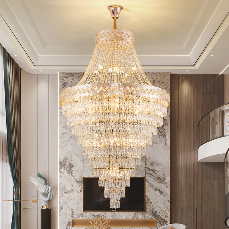 

Duplex Building Empty Living Room Crystal Chandelier Villa Building Middle Floor Lobby Chandelier Hotel Lobby Staircase Long Hot