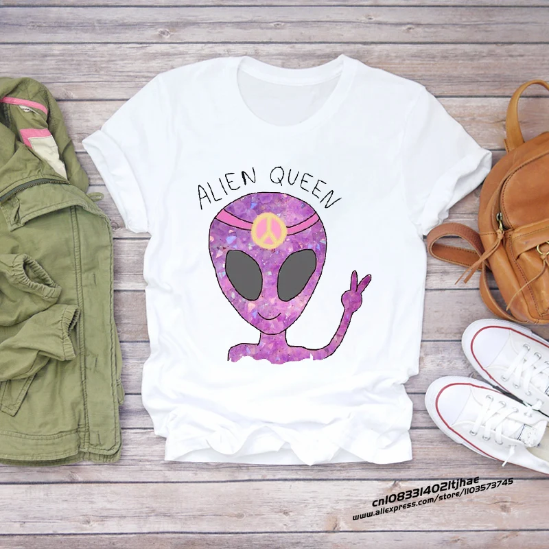 Women Cartoon Alien Space Printing Short Sleeve Clothing Summer Shirt T-shirts Top T Graphic Travel Ladies Womens Tee T-Shirt