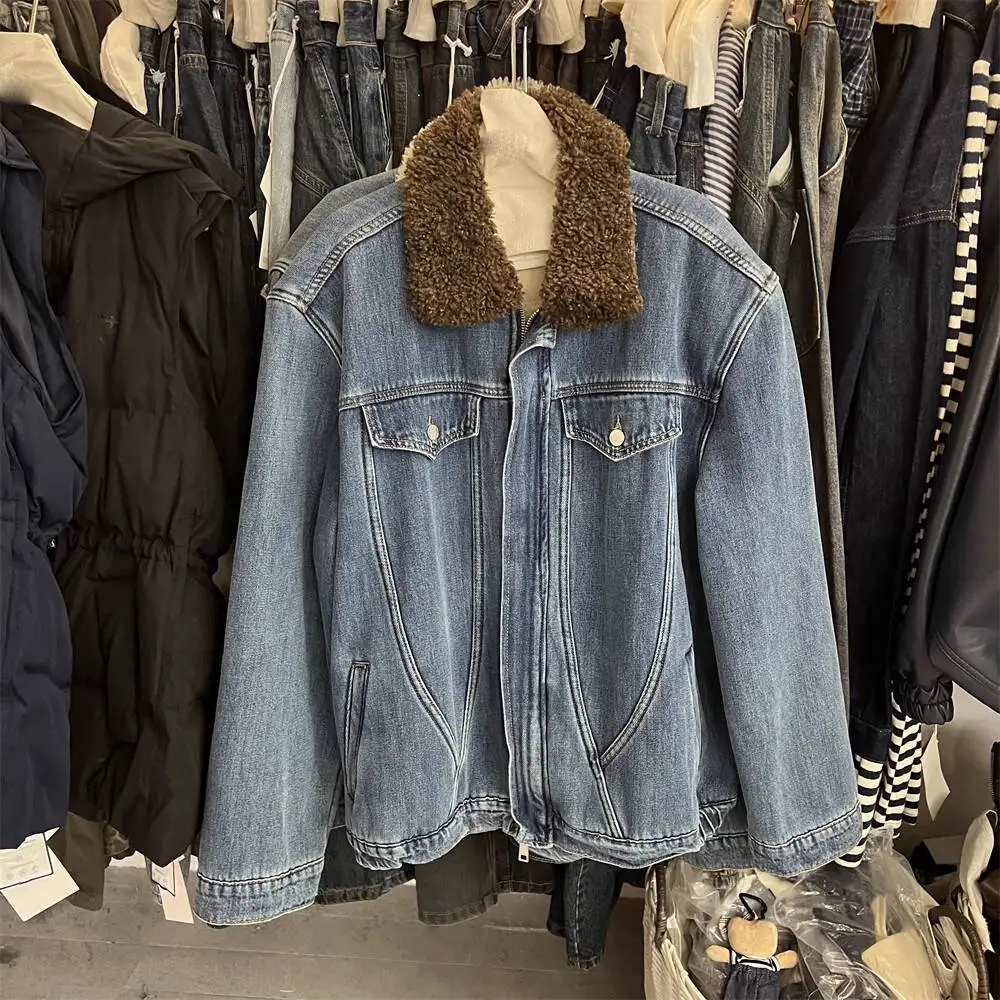 Denim Coats Moto Biker Jeans for Women Jackets Zipper Pocket Turn Down Collar Long Sleeve Thick Loose Casual 2025 Autumn Winter