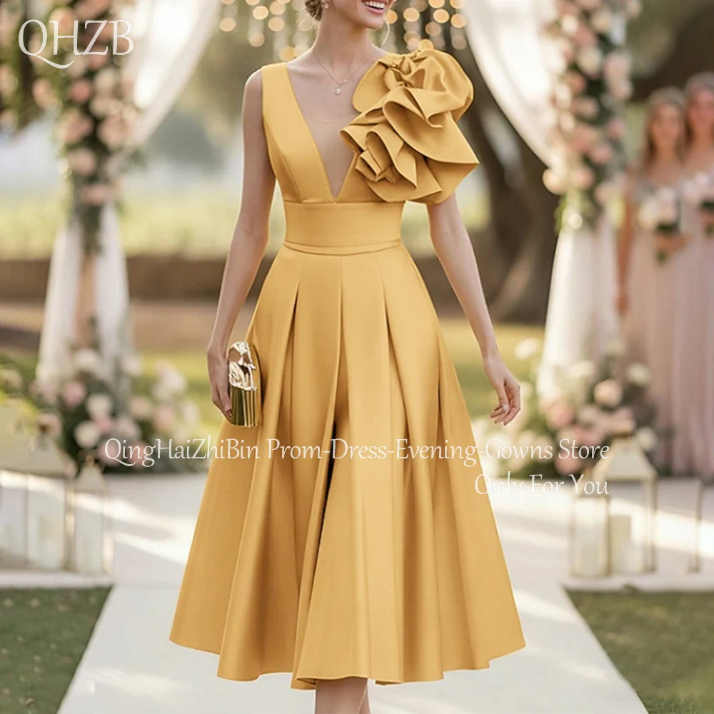 Customized Elegant Simple Midi Party Dresses for Special Events V-Neck Tea-Length A-Line Woman Birthday Prom Evening Dress 2026