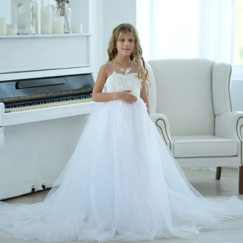 Robes de demoiselle d'honneur en tulle blanc, appliques gonflées avec nœud en fibre pour mariage, fête d'anniversaire, robe de première communion