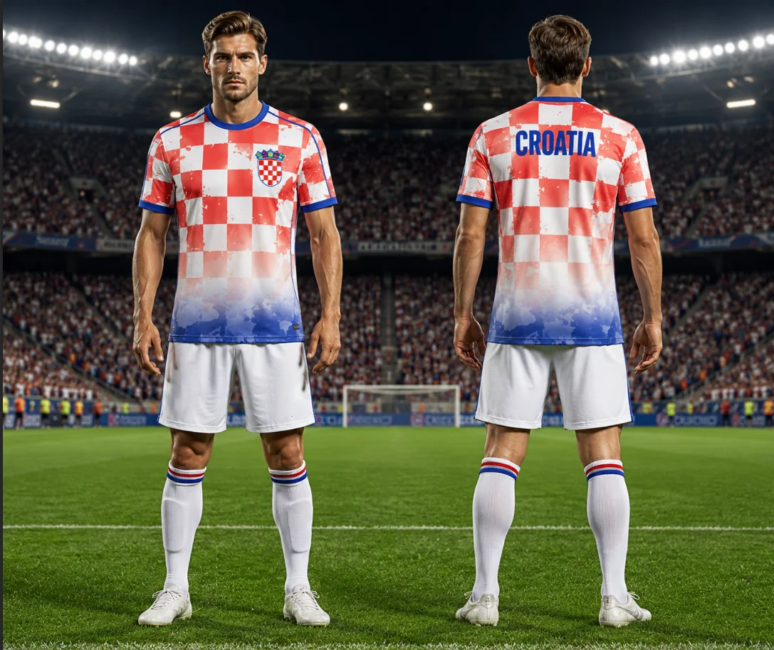 Unisex Retro Croatia Checkered Soccer Jersey, Red White Plaid Casual Football Fan Short Sleeve