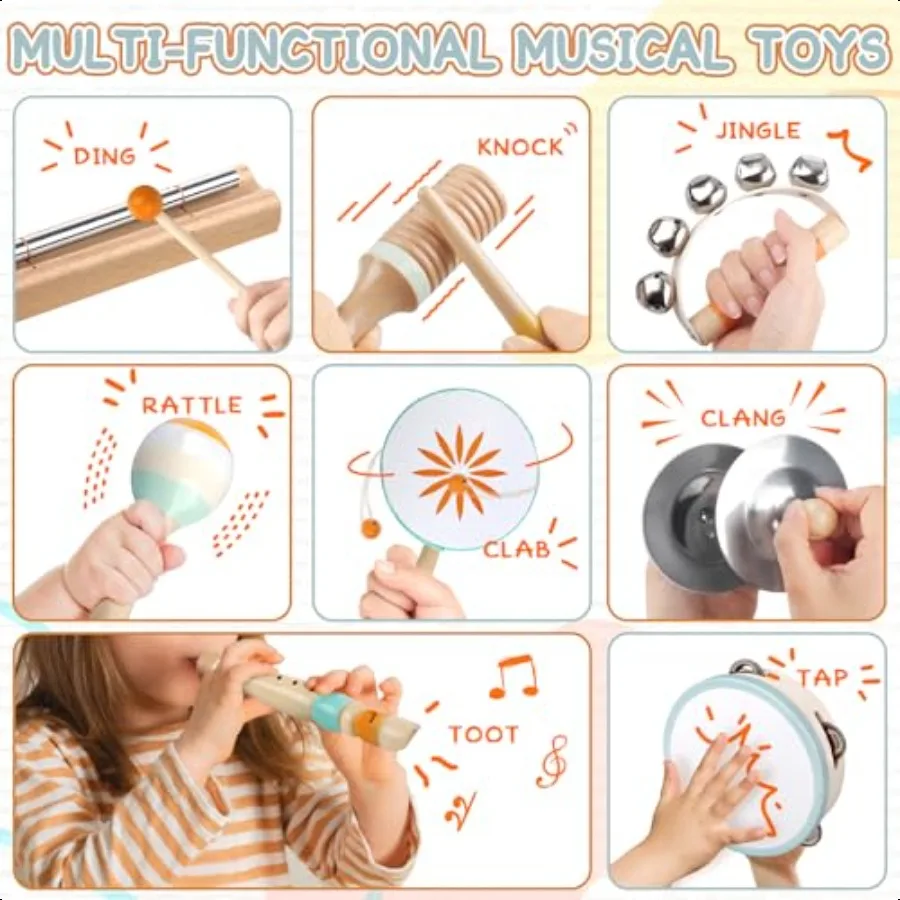 Baby Musical Instruments Montori Musical Toys for Toddlers 13 Wooden Percussion Instruments Set Neutral Colors Modern Boho Musi