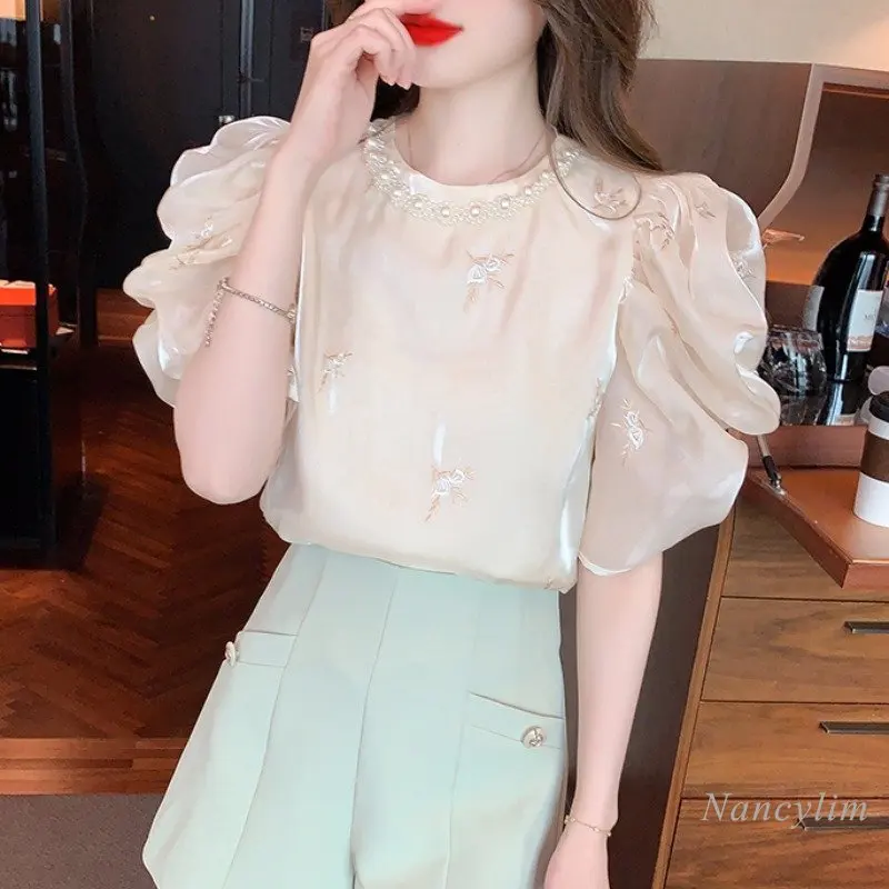 French Fashion Embroidery Short Sleeve Shirt Top Women\'s Summer Blouse 2023 New Design Sense Chic Pullover Shirts Blusas Mujer