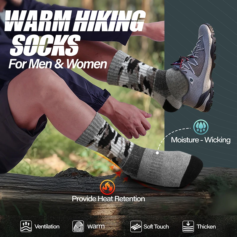 4Pairs Thick Gray Camouflage Socks Men‘s Winter Autumn Elastic Wool Mid Tube Sports Socks Soft Thermal Crew Outdoor Socks Hiking