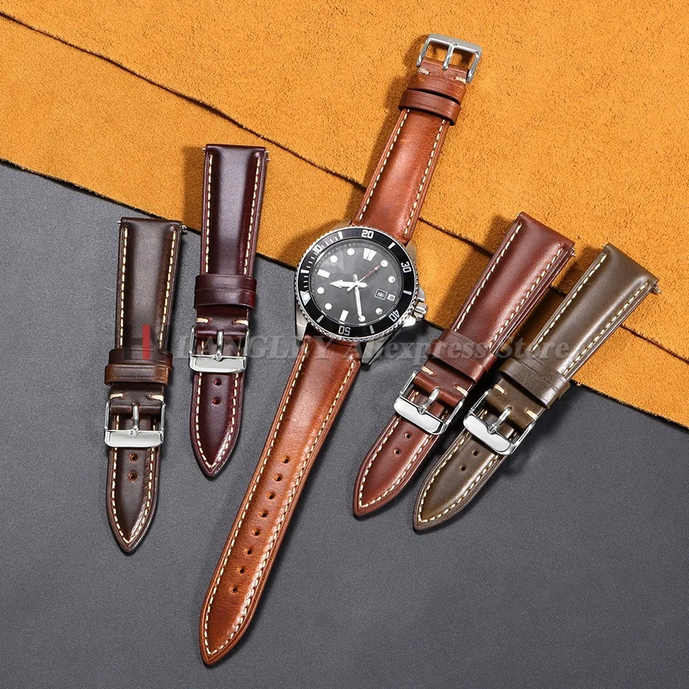 18mm 19mm 20mm 21mm 22mm Vintage Oil Wax Leather Watch Straps for Omega for Seiko Brown Head Layer Cowhide Watchband Accessories