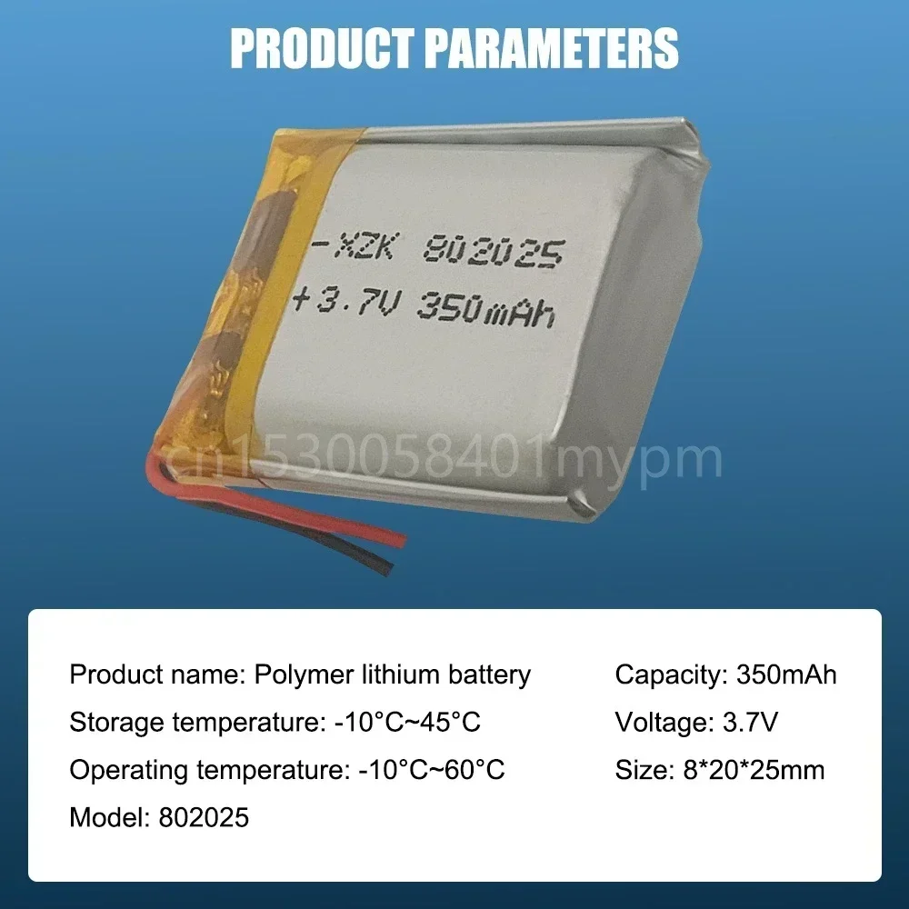 802025 Li-Po Cells 3.7V 350mAh Lithium Polymer Rechargebale Battery for MP3 GPS Toys Voice Recorder Bluetooth Headsets