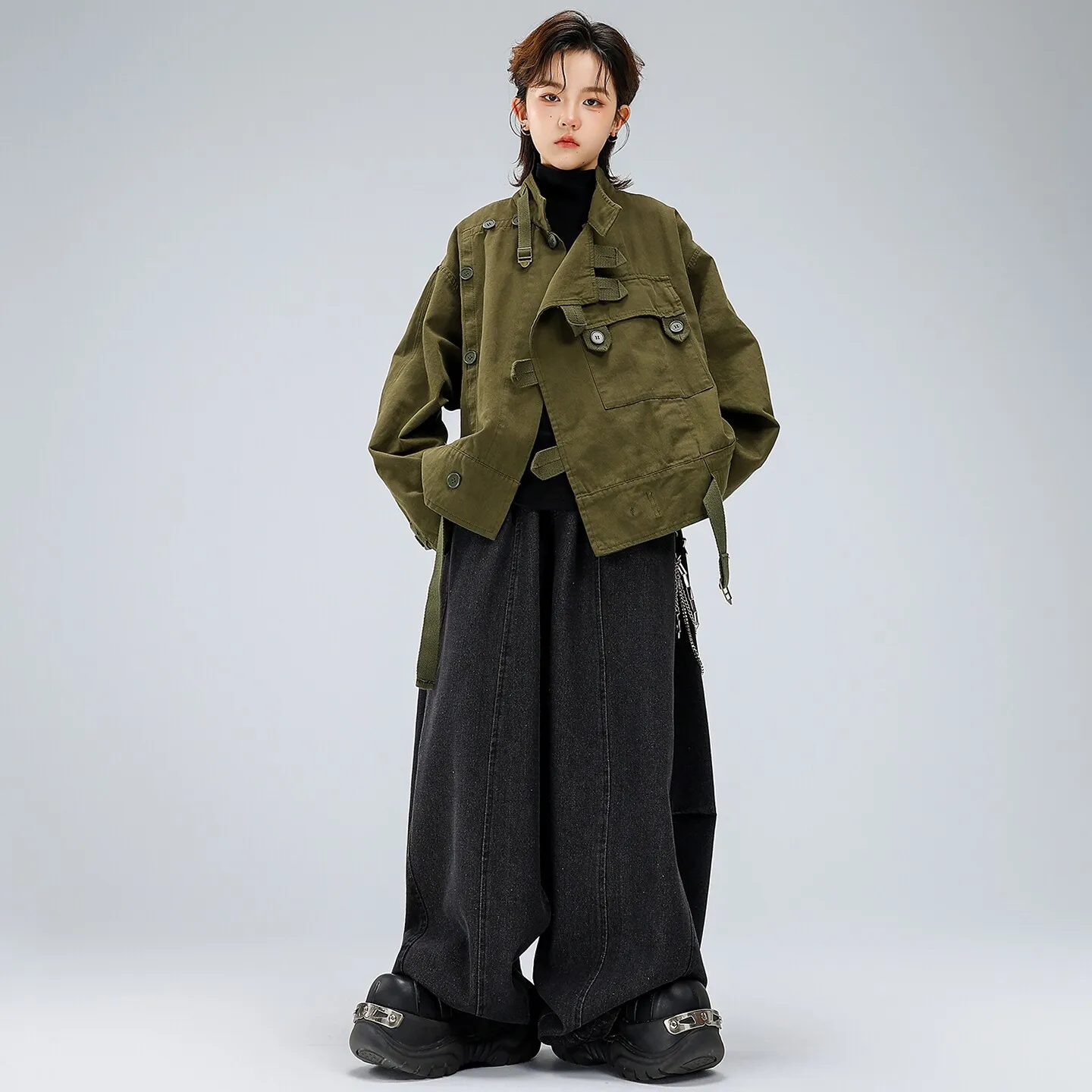 Kid Kpop Hip Hop Clothing Army Green Strap Cargo Jacket Top Black Mock Neck T Shirt for Girl Boy Street Dance Costumes Clothes view 5