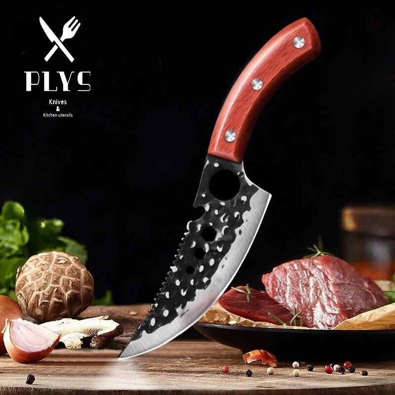 PLYS Forged Boning Knife,Stainless Steel Commercial Butcher Knife Portable Meat Cleaver Leather Cover