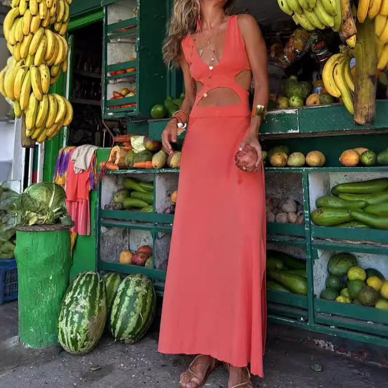 Abito lungo da donna elegante senza schienale scollato Abito da festa senza maniche con scollo a V profondo sexy Modello di moda Stampa Abiti da