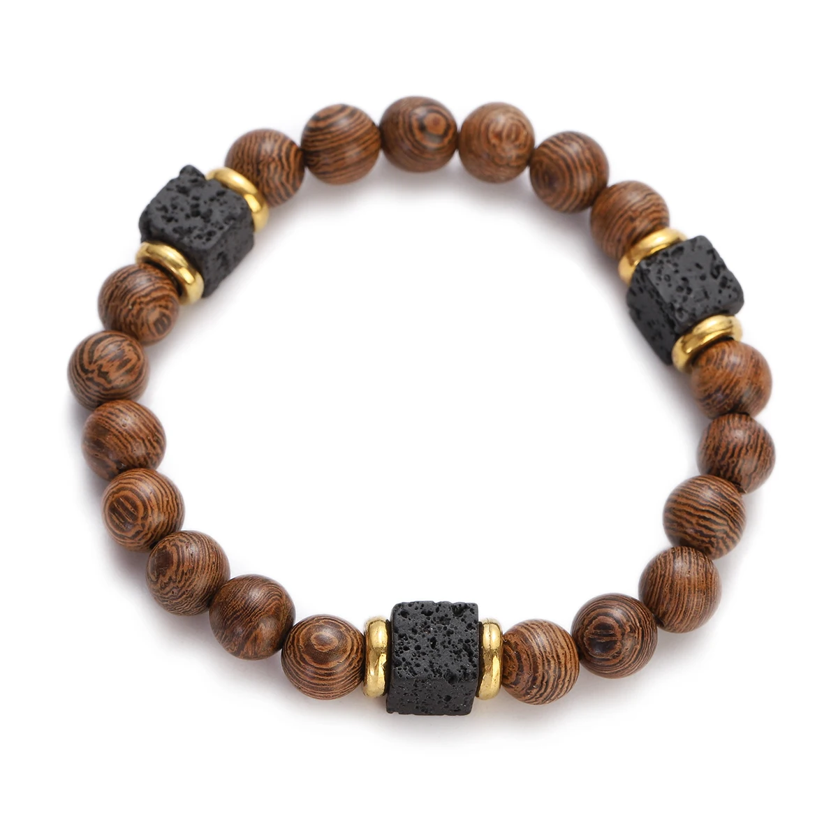 New Ethnic Wood Beaded Bracelet Men Jewelry Handmade Charm Bracelet Square Volcanic Stone Tibetan Buddha Meditation