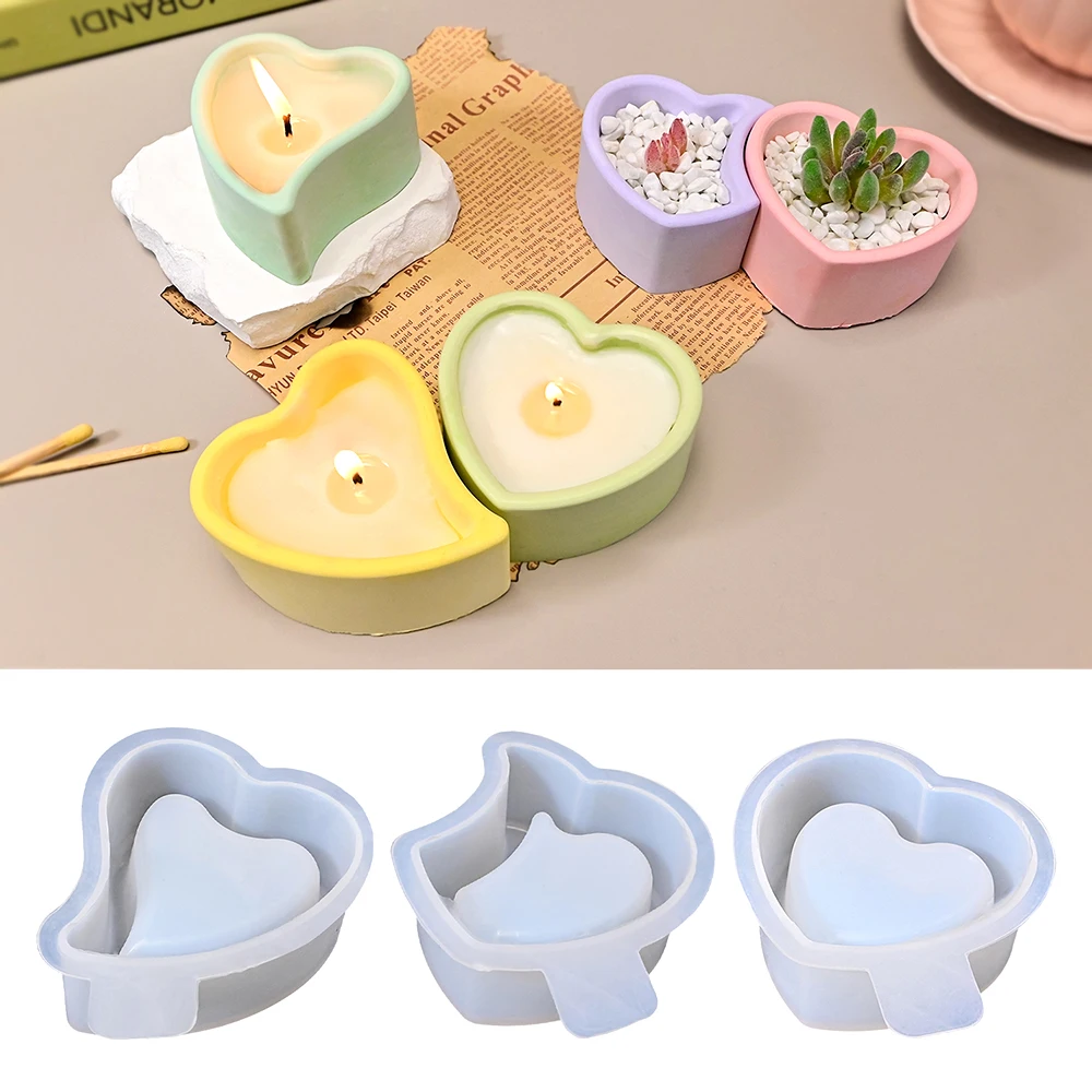 S0213 Heart Shape Silicone Jar Molds Epoxy Resin Storage Box Plaster Candle Holder Moldes Para Yeso DIY Container Pot Moule