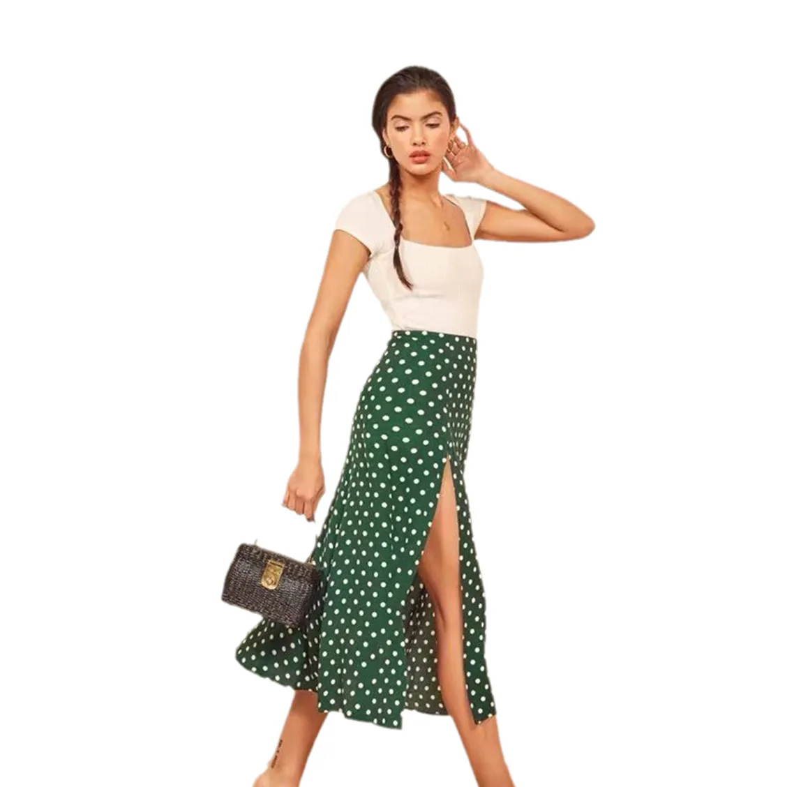 Bloemen Groene Stip Retro Rok Sexy Print Hoge Taille Side Slit Rok