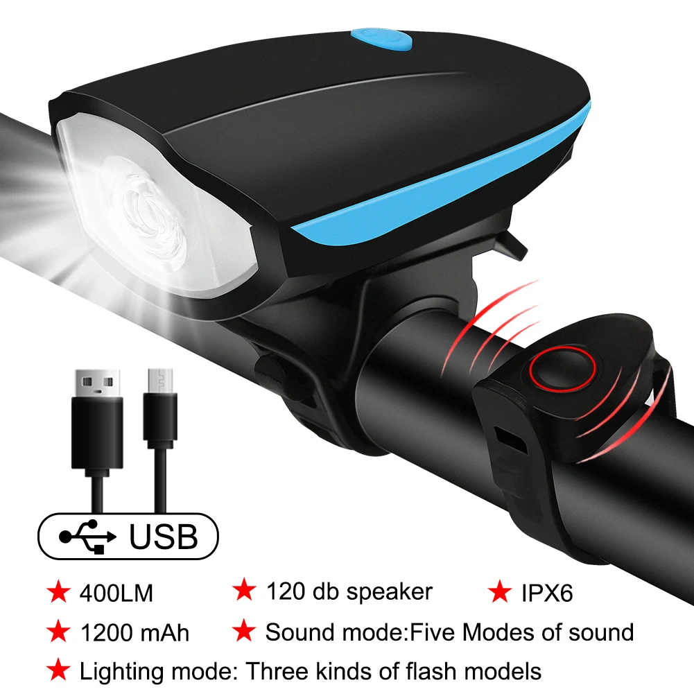 Bicycle Front Light with Electric Loud Horn Waterproof Bike Headlight USB Rechargeable Cycling Flashlight Tactical Torch Lantern