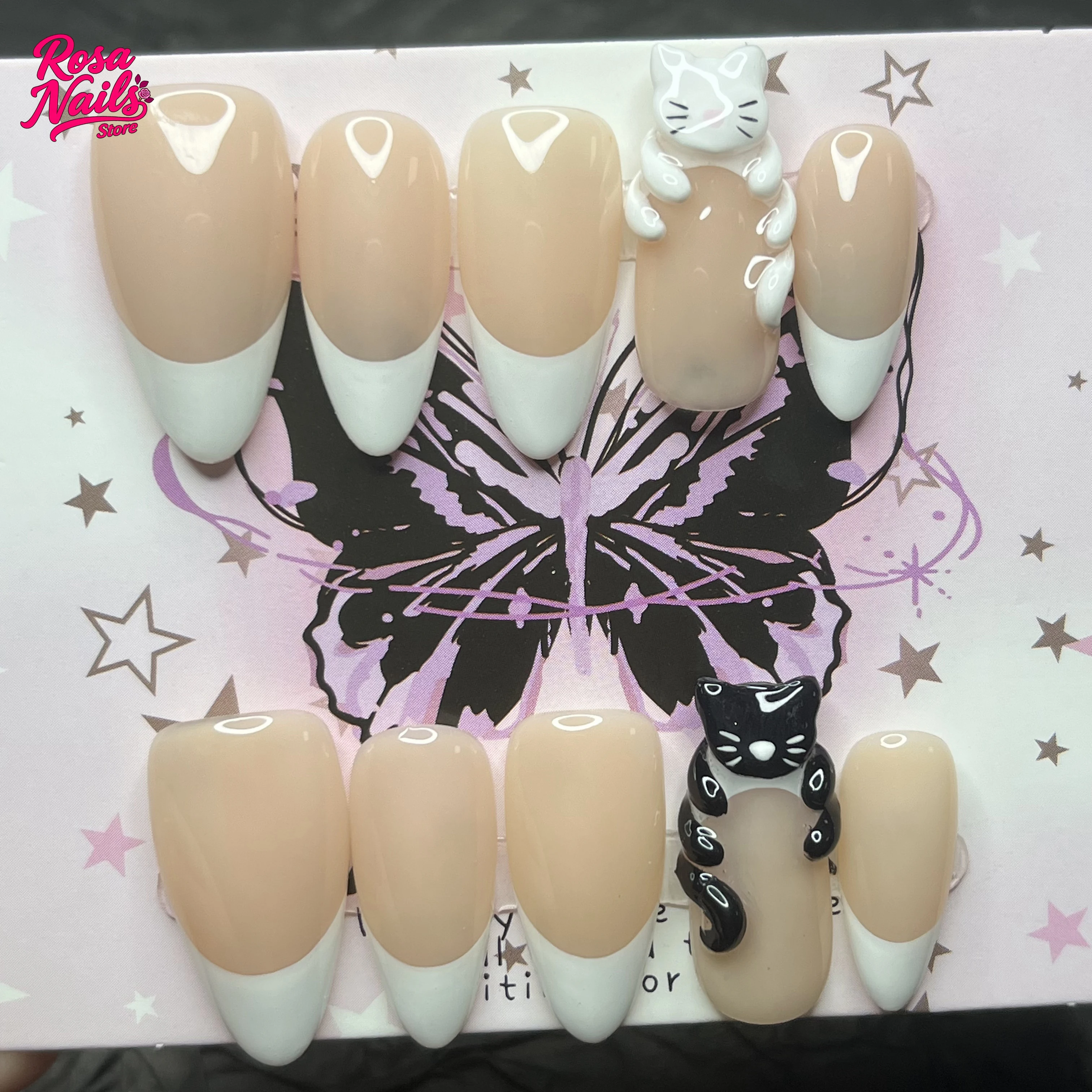 

10pcs Handmade Press on Nails 3D Cat Nail Kawaii Cute Kitties Press ons Acrylic Pressons Almond French Tips Nail Handmade Nails
