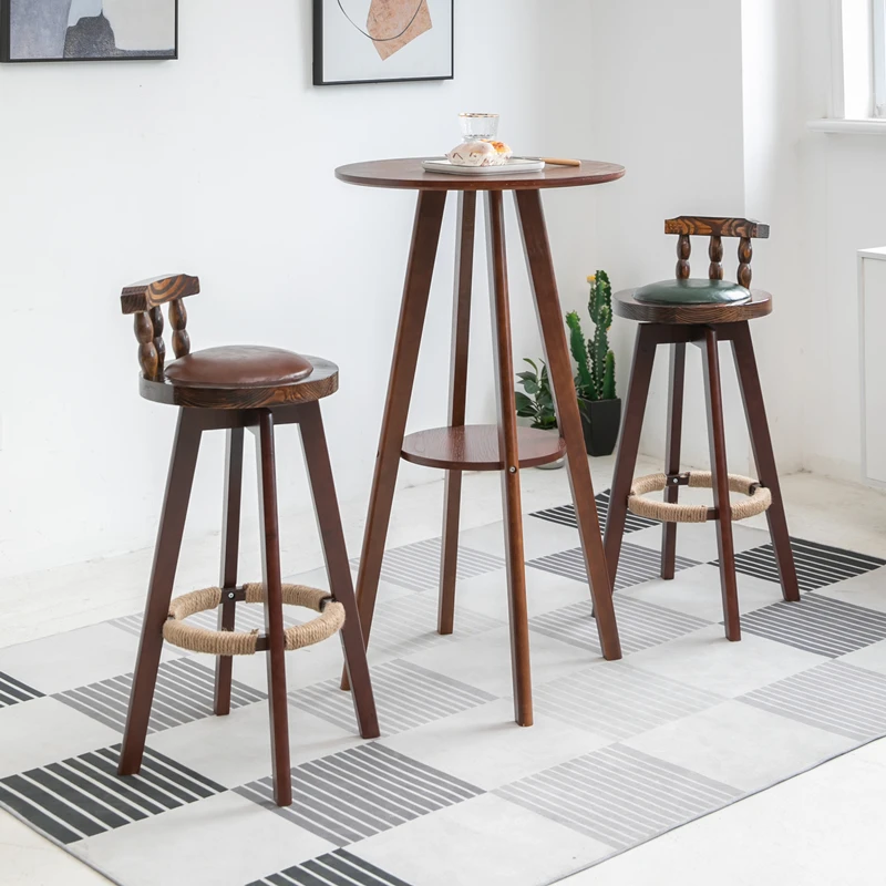 Solid wood Nordic dairy family small round table simple balcony coffee shop chair high stool combination tea shop bar table