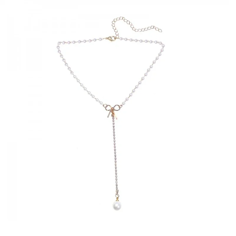 Cute Crystal Bow Necklace Fashion Long Imitation Pearls Necklaces For Women Party Jewelry Exquisite Gifts Wholesale