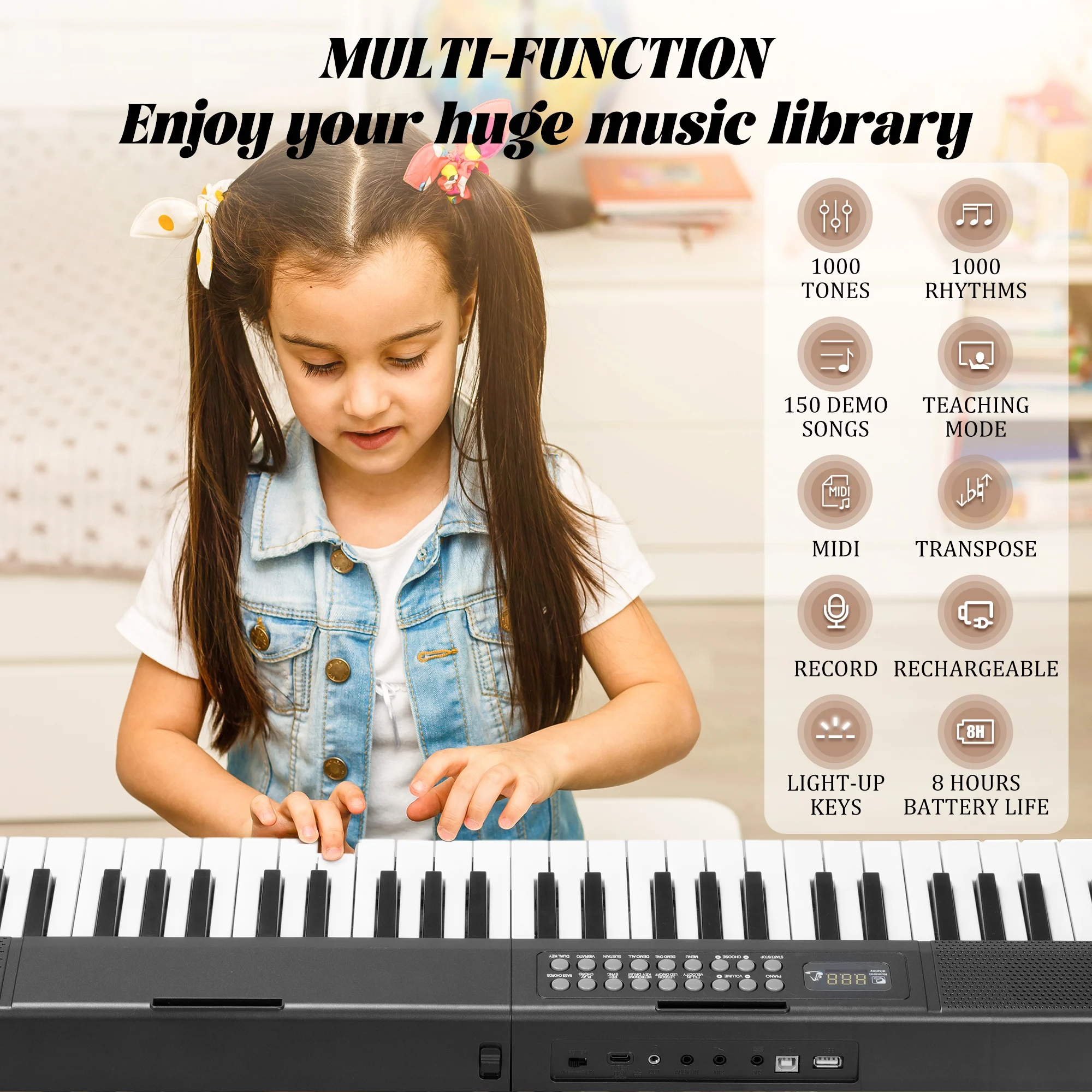 Portable Piano 61 Keys Portable Keyboard Piano 1000 Tones 150 Demo Songs Folding Electronic Keyboard Piano Black Foldable Piano - Image 3