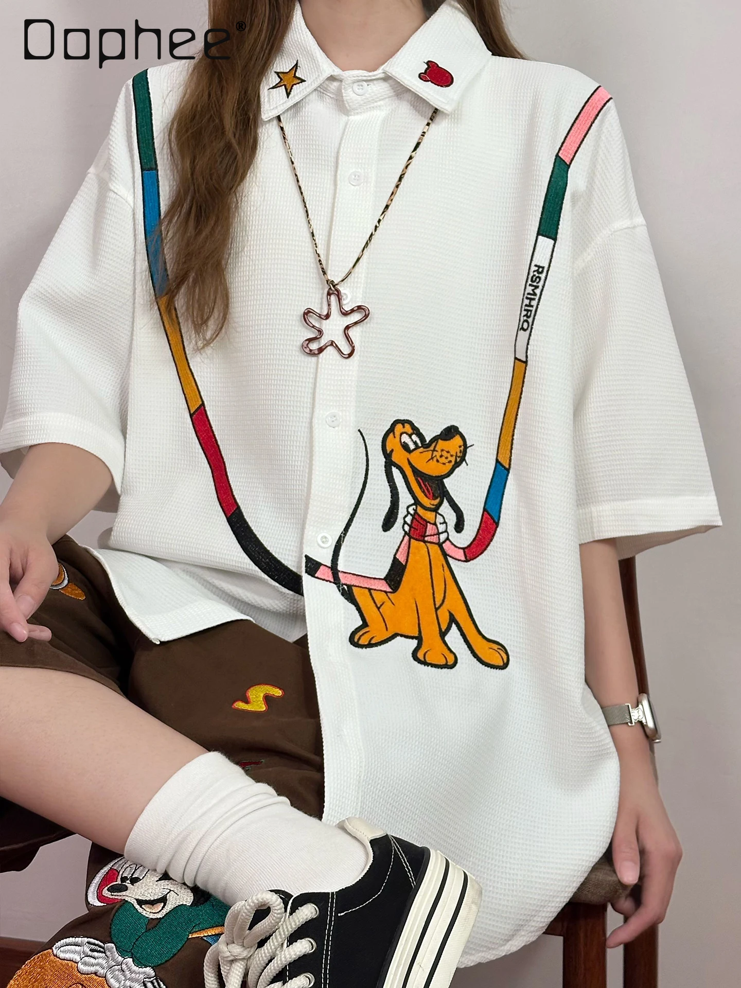 

Original Japanese Cartoon Embroidered Waffle Short-sleeved Shirt Women's Loose Casual Shirt Summer White Polo Neck Shirt